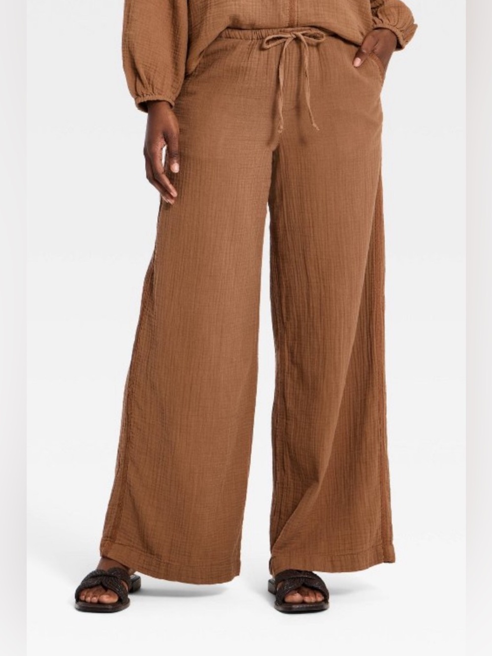Universal Thread Cotton Gauze Brown Wide Leg Drawstring Pants M Medium